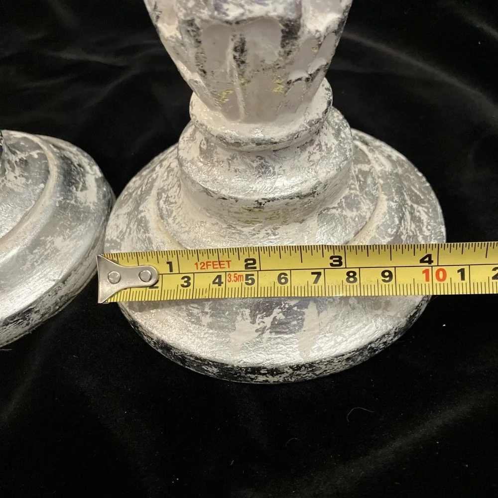Distressed Silver Faux Mercury Mirror Resin Tall Candle Holder Candlestick Set 3